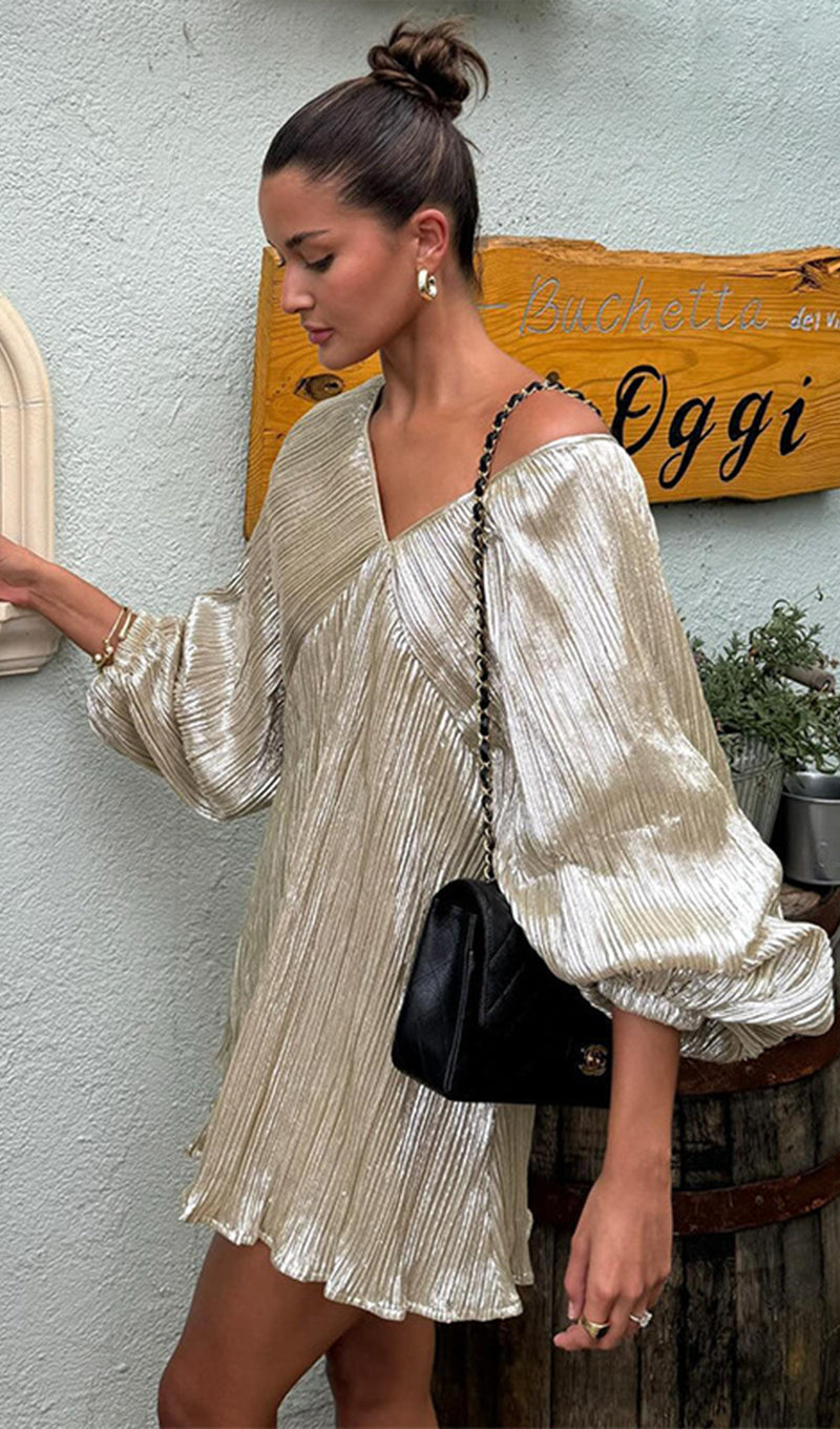 Metallic Balloon Sleeve Mini Dress