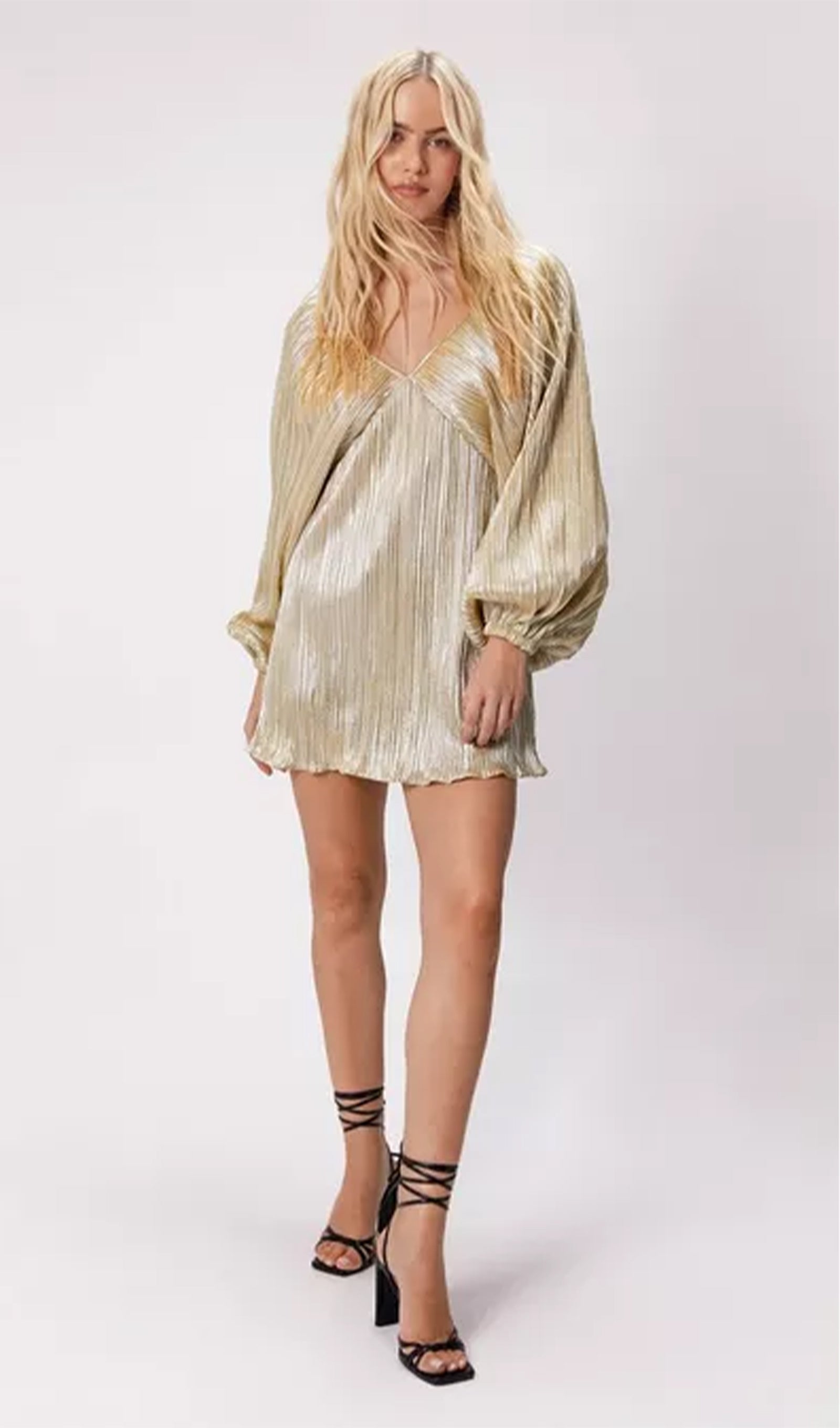 Metallic Balloon Sleeve Mini Dress