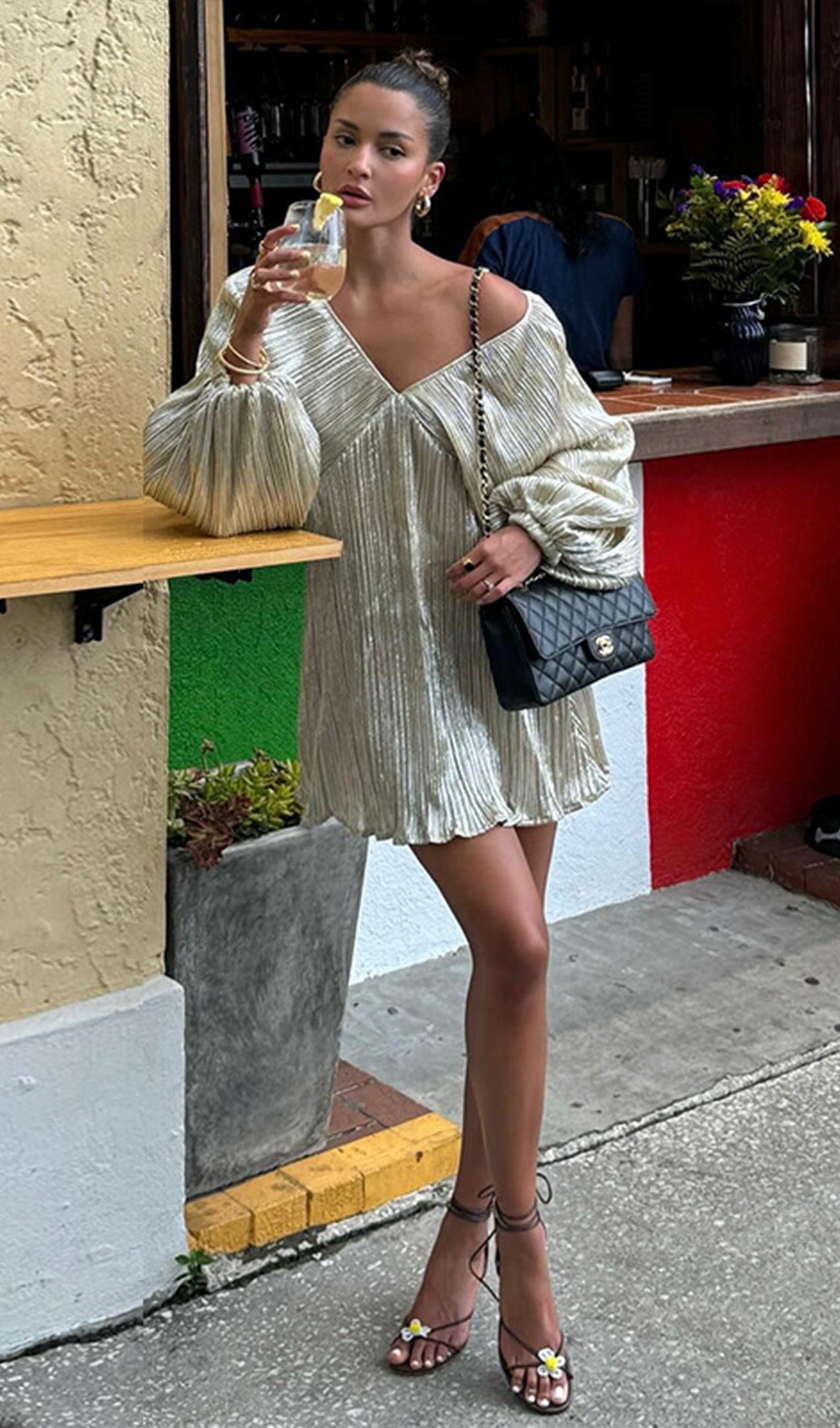 Metallic Balloon Sleeve Mini Dress