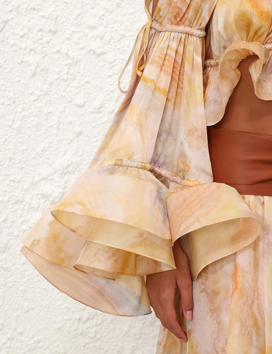 Shoulder cutout flounce sleeve top and ruffled hem skirt