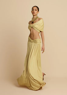 V-Neck Drop Shoulder Twist Detail Top & Draped Ruched Maxi Skirt