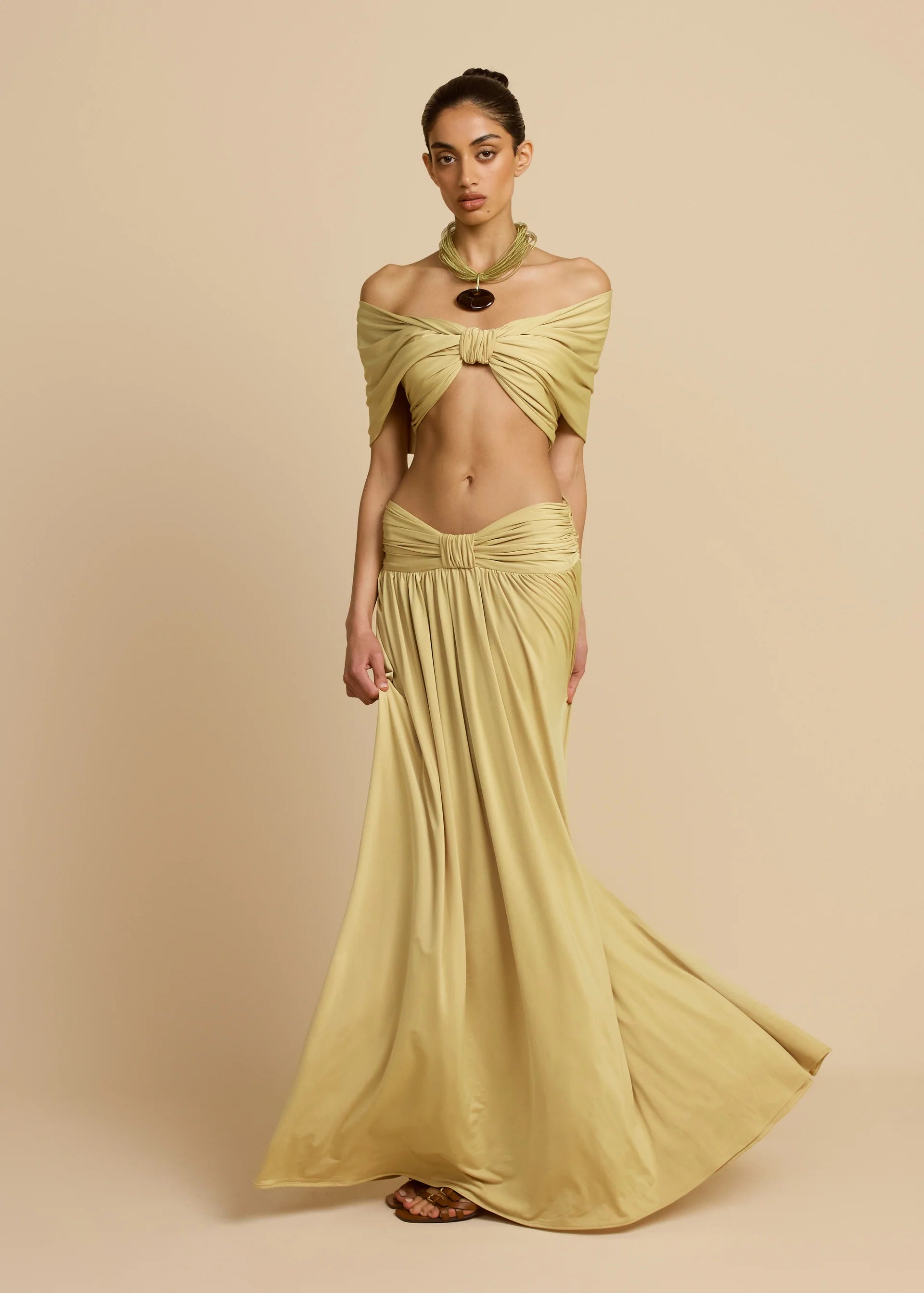 V-Neck Drop Shoulder Twist Detail Top & Draped Ruched Maxi Skirt