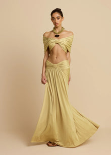 V-Neck Drop Shoulder Twist Detail Top & Draped Ruched Maxi Skirt