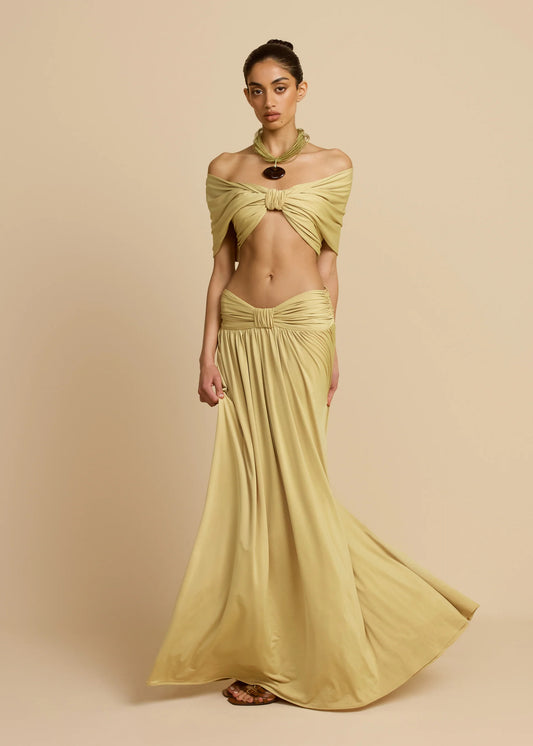 V-Neck Drop Shoulder Twist Detail Top & Draped Ruched Maxi Skirt