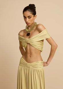 V-Neck Drop Shoulder Twist Detail Top & Draped Ruched Maxi Skirt