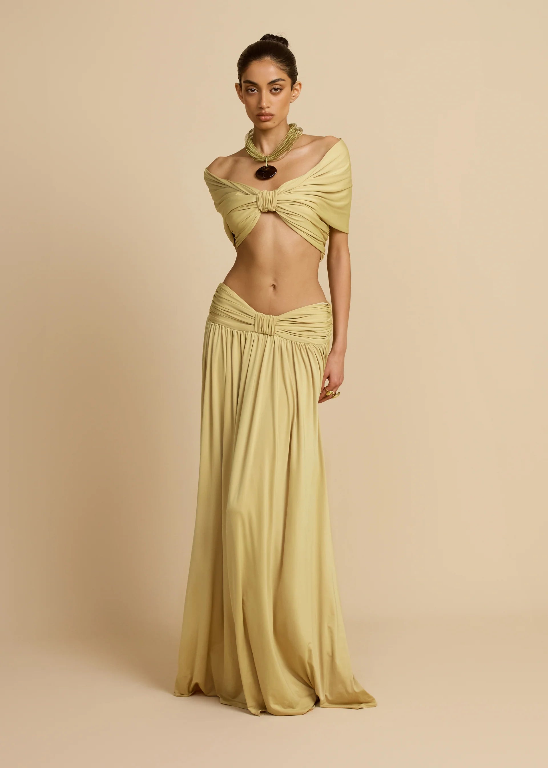 V-Neck Drop Shoulder Twist Detail Top & Draped Ruched Maxi Skirt