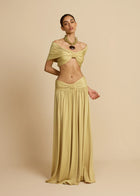 V-Neck Drop Shoulder Twist Detail Top & Draped Ruched Maxi Skirt