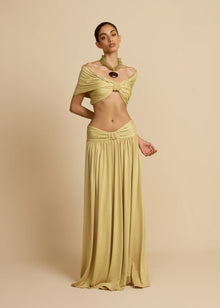 V-Neck Drop Shoulder Twist Detail Top & Draped Ruched Maxi Skirt