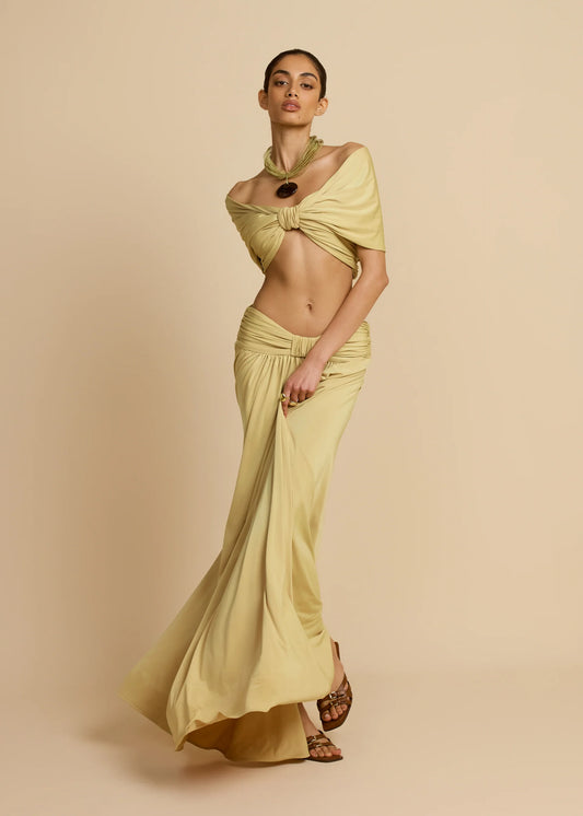 V-Neck Drop Shoulder Twist Detail Top & Draped Ruched Maxi Skirt
