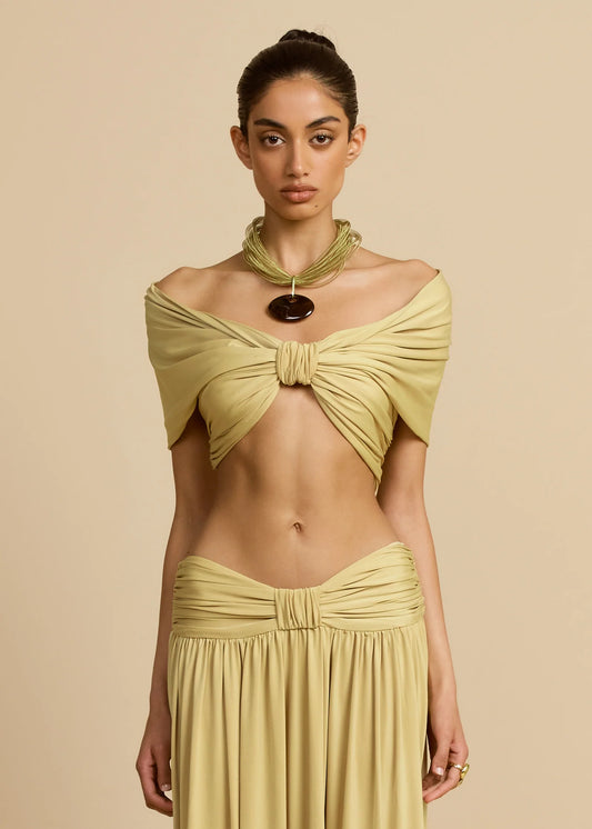 V-Neck Drop Shoulder Twist Detail Top & Draped Ruched Maxi Skirt
