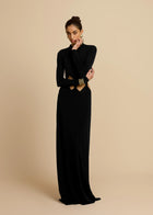 Greek Goddess Style Mock Neck Twist-Knot  Waist Cut-Out Long-Sleeve Bodycon Dress