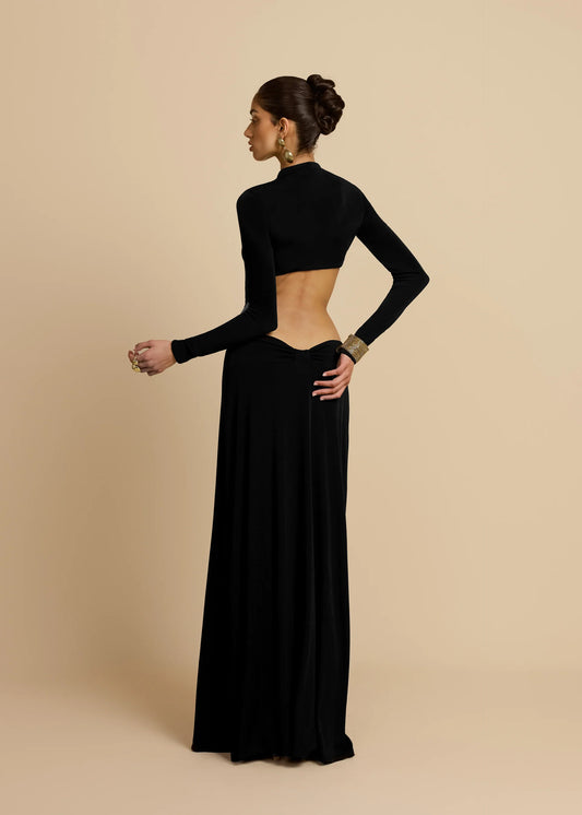 Greek Goddess Style Mock Neck Twist-Knot  Waist Cut-Out Long-Sleeve Bodycon Dress