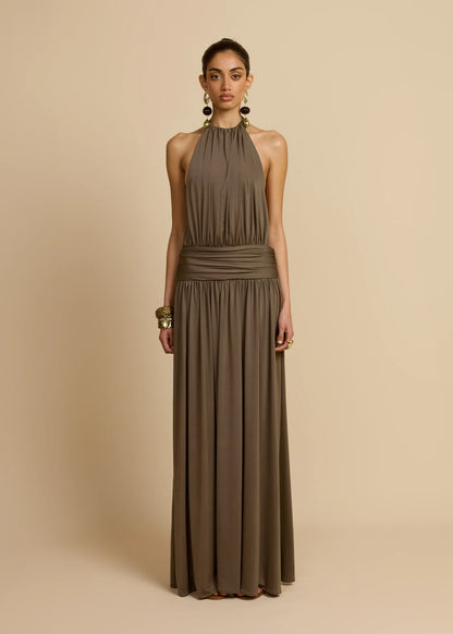 Sleeveless Halter Backless Draped Dress
