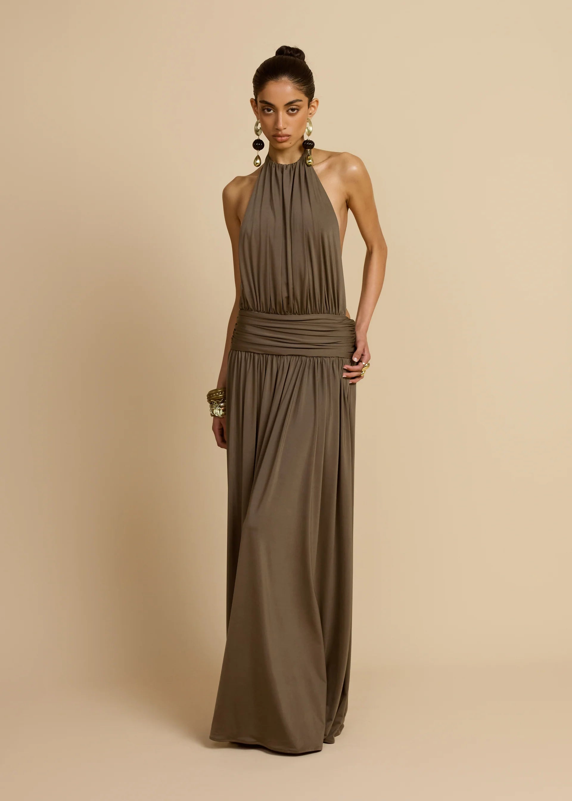 Sleeveless Halter Backless Draped Dress