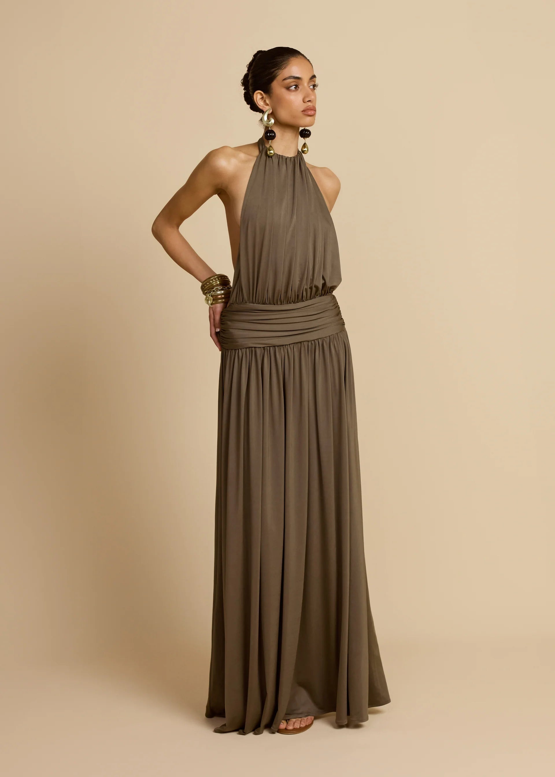 Sleeveless Halter Backless Draped Dress