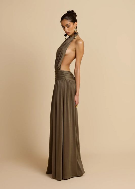 Sleeveless Halter Backless Draped Dress
