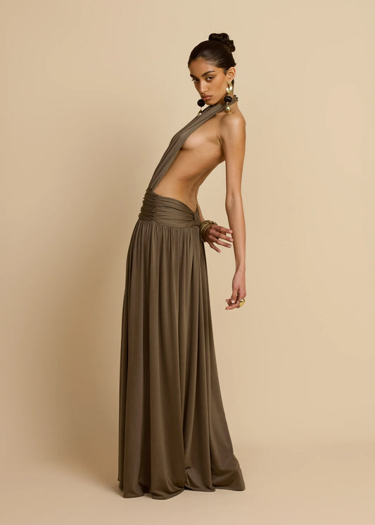 Sleeveless Halter Backless Draped Dress