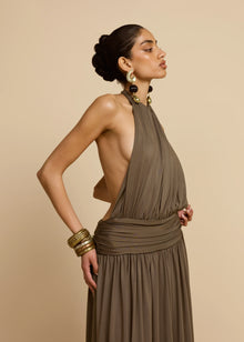 Sleeveless Halter Backless Draped Dress