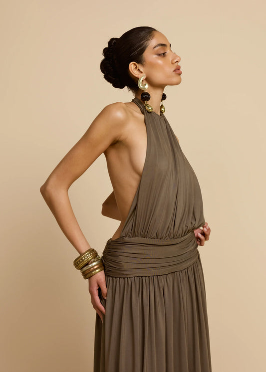 Sleeveless Halter Backless Draped Dress