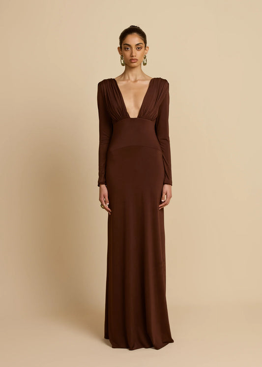 Plunging V-Neck Ruched Backless Dress