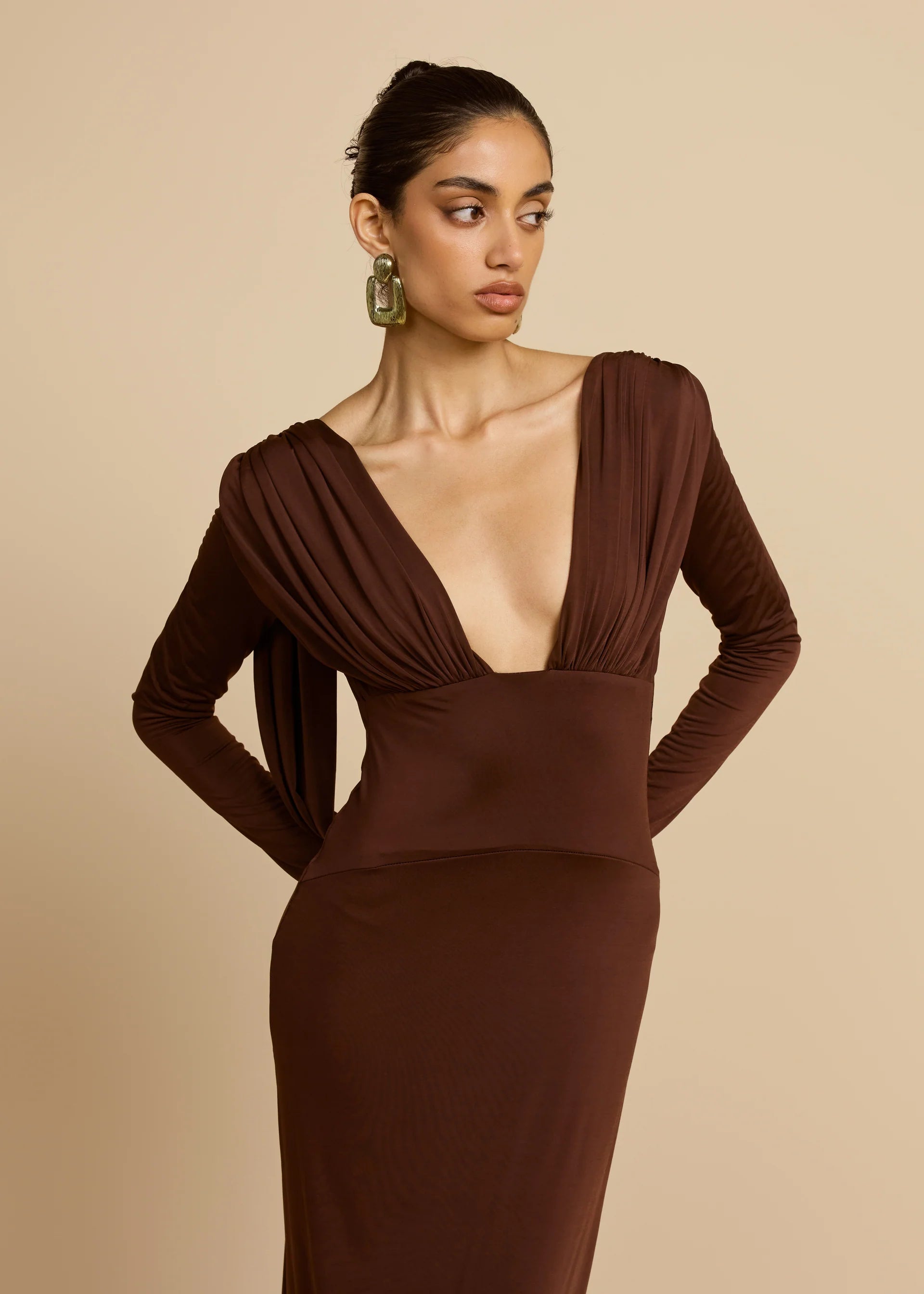 Plunging V-Neck Ruched Backless Dress