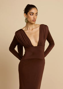 Plunging V-Neck Ruched Backless Dress