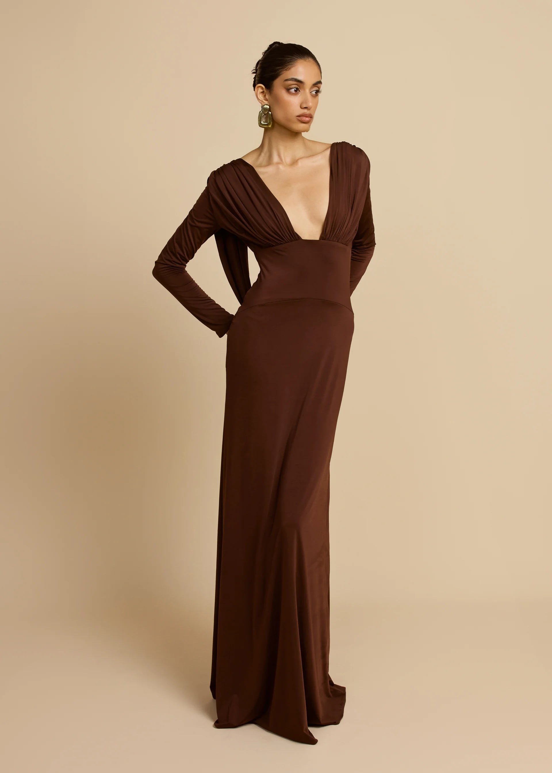 Plunging V-Neck Ruched Backless Dress