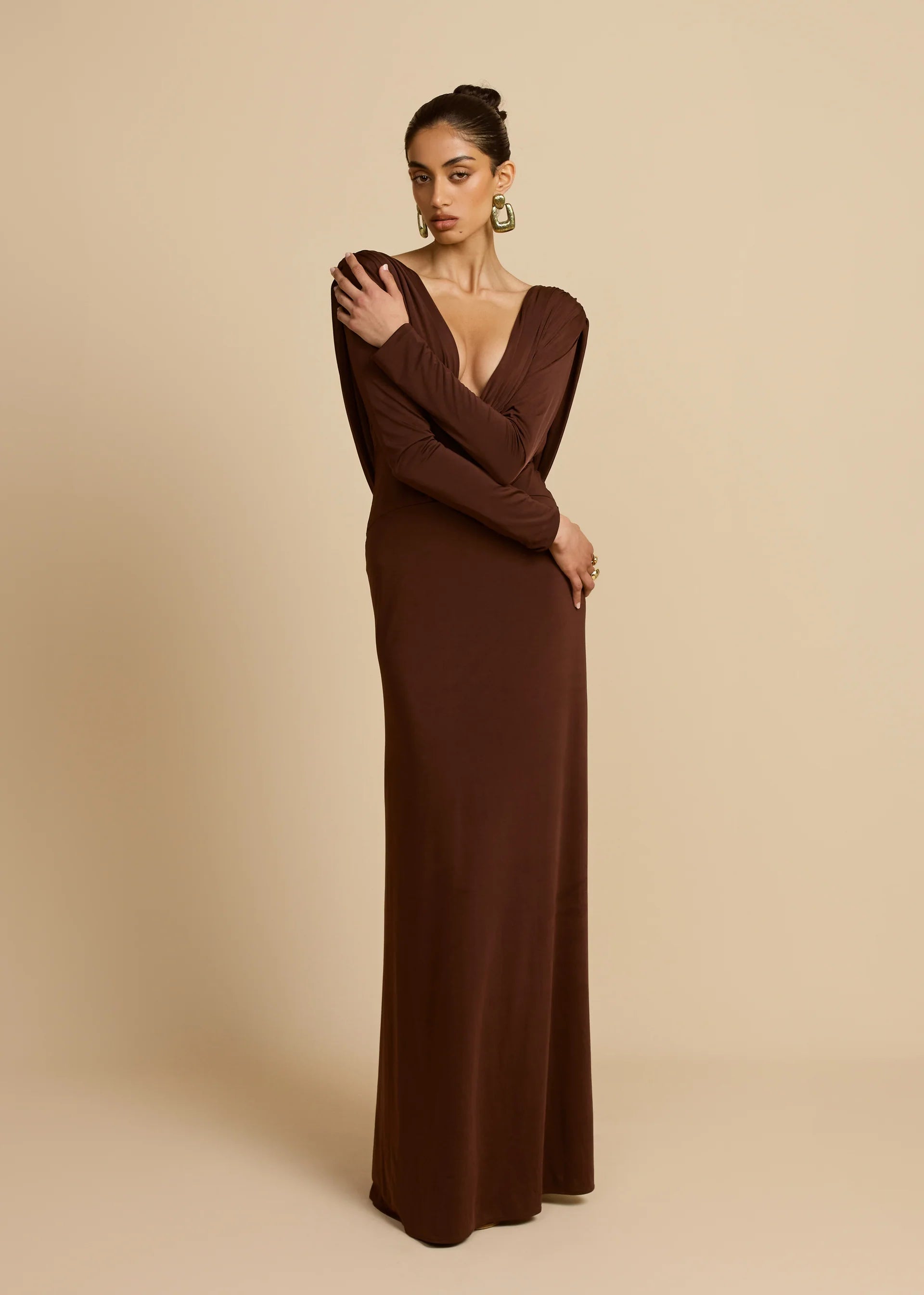 Plunging V-Neck Ruched Backless Dress