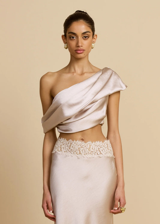 Satin Draped Asymmetric Neckline Top & Lace Panel Midi Skirt Set