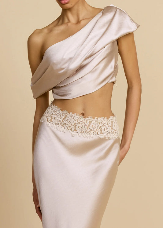 Satin Draped Asymmetric Neckline Top & Lace Panel Midi Skirt Set