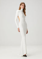 High-Neck Long-Sleeve Backless Asymmetric-Hem Bodycon Dress