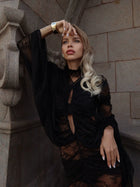 V-Neck Front-Center Cut-Out Set-In -Sleeve Ruched Cocoon Lace Dress