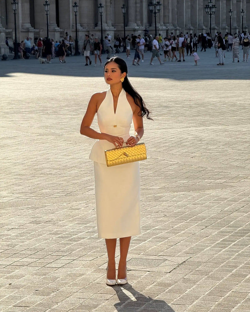 Halter V-Neck Backless Top & Straight Skirt Set