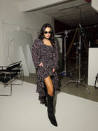 Square-Neck Long-Sleeve Printed Chiffon Tiered Asymmetric-Hem Maxi Dress