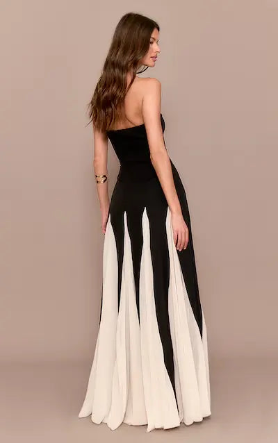 Black and White Pleated Chiffon Maxi Dress