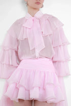 Chiffon Tiered-Ruffle Long-Sleeve Blouse and Tiered Mini Skirt Two-Piece Set