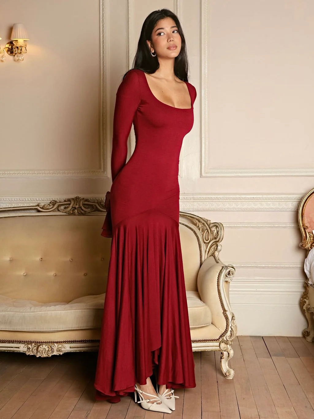 Square Neck Ruffle Long-Sleeve Asymmetrical Hem Maxi Dress