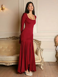 Square Neck Ruffle Long-Sleeve Asymmetrical Hem Maxi Dress
