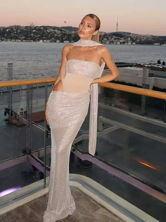 Scarf-Style Bandeau Mesh Rhinestone Waist Cut-Out Dress