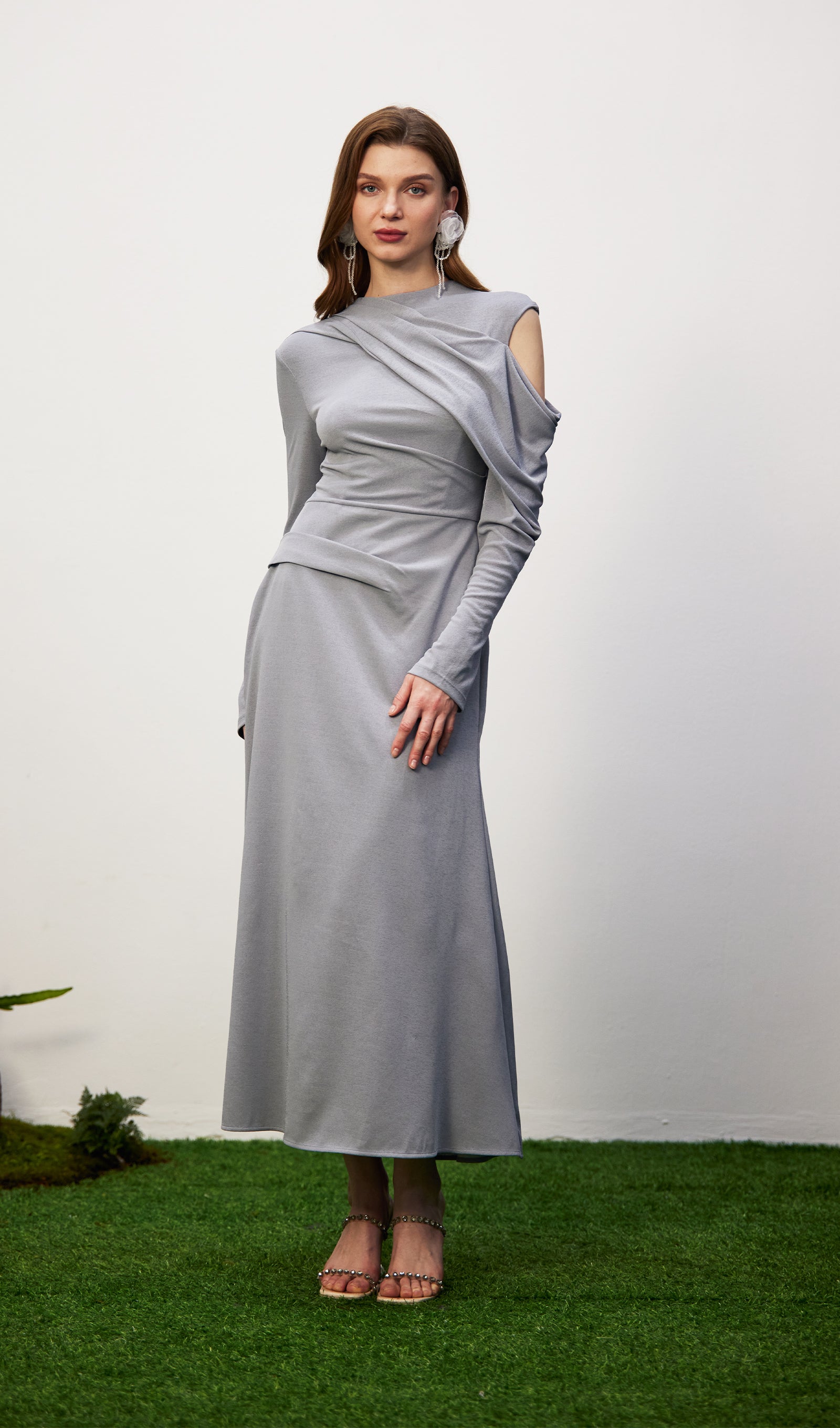 Solid Fitted Draped Maxi Dress
