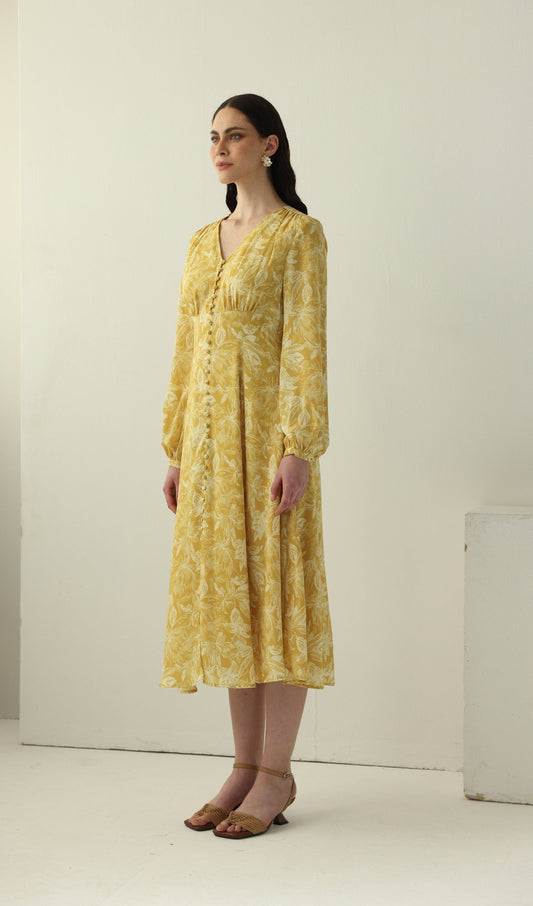 Yellow Floral Printed V Neck Midi Dress