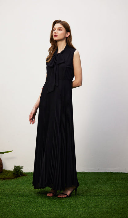 Stretch Knit Pleated Satin Midi Dress