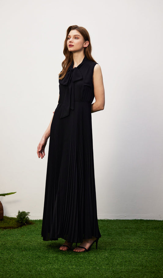Stretch Knit Pleated Satin Midi Dress