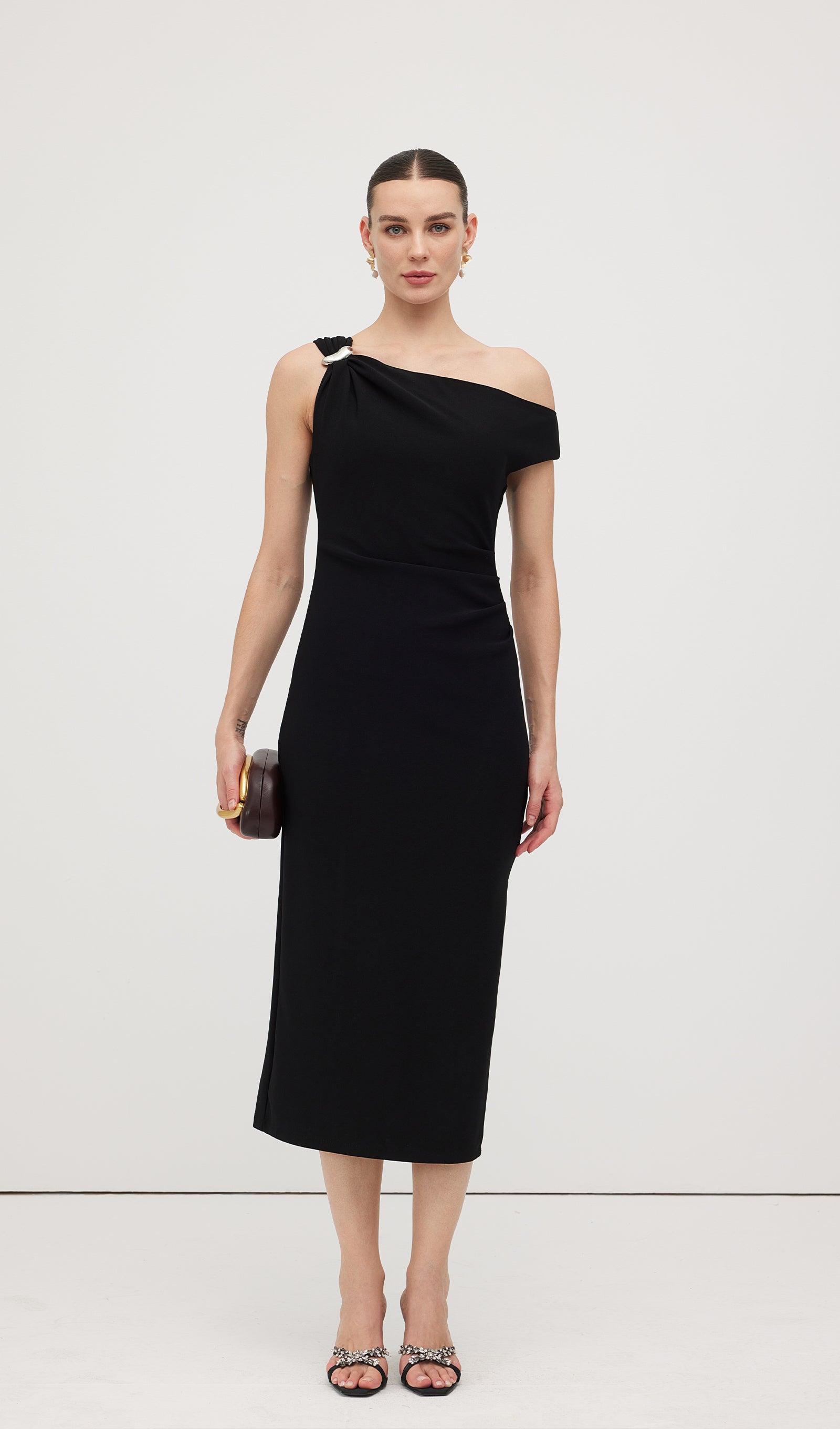 Asymmetric Metallic Midi Dress