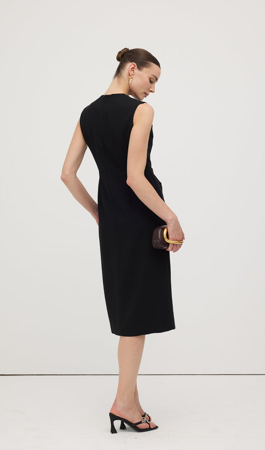 Sleeveless V Neck Pleated Midi Dress