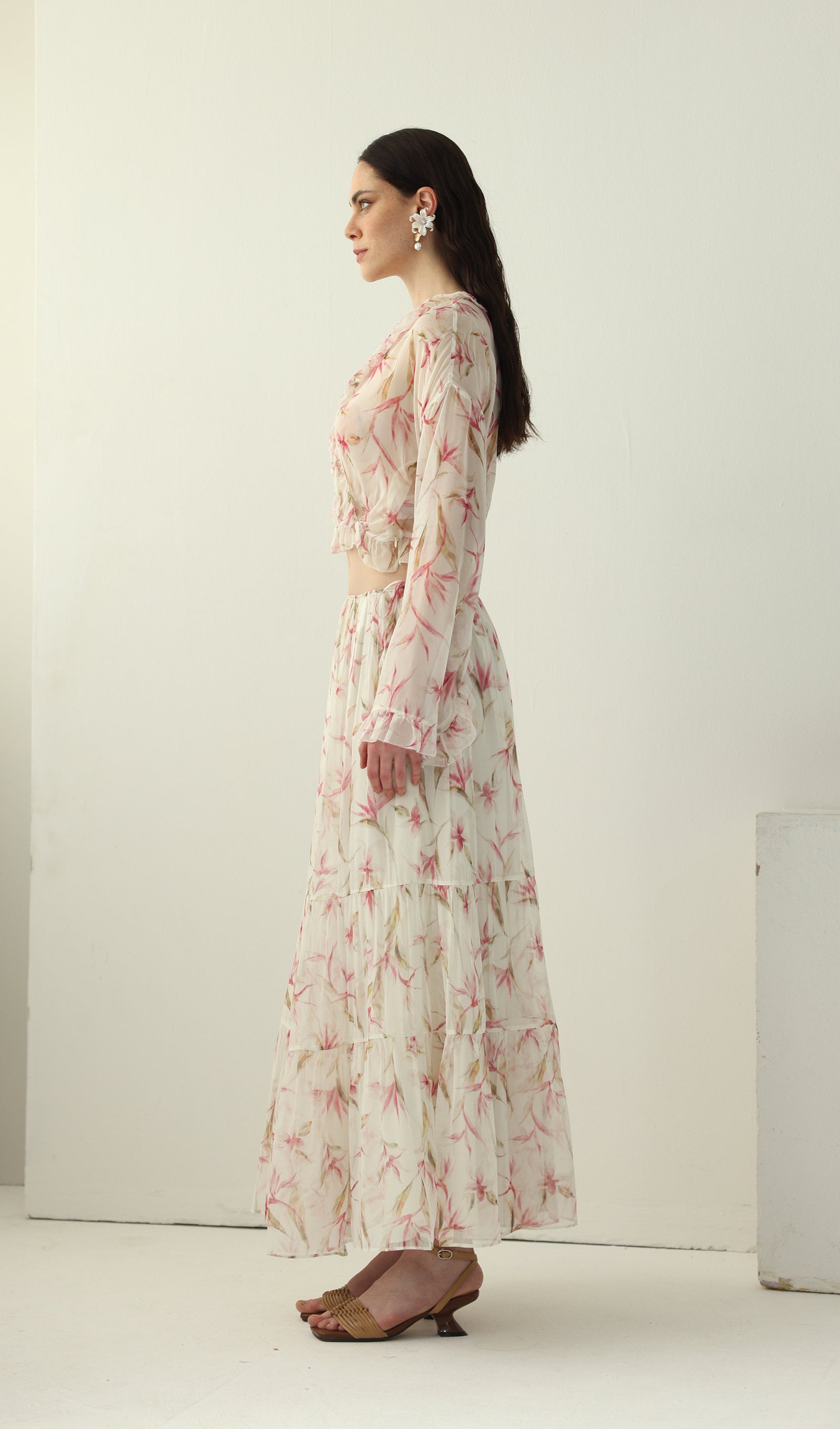 Floral Silk Ruffle Two Piece Sets