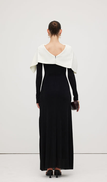 Asymmetrical Draped Shoulder Pleat Maxi Dress