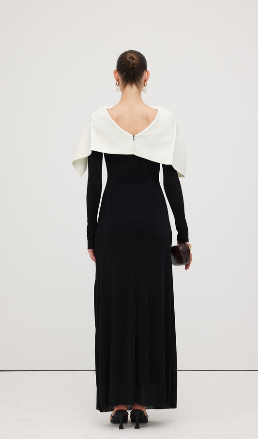 Asymmetrical Draped Shoulder Pleat Maxi Dress