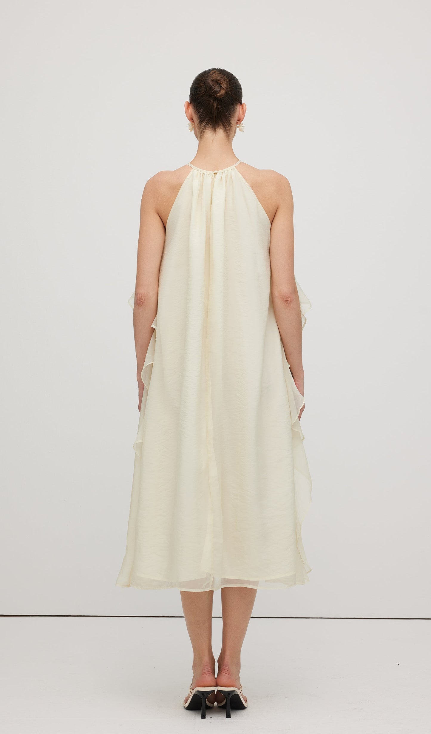 Halterneck Rose Detail Ruffle Midi Dress