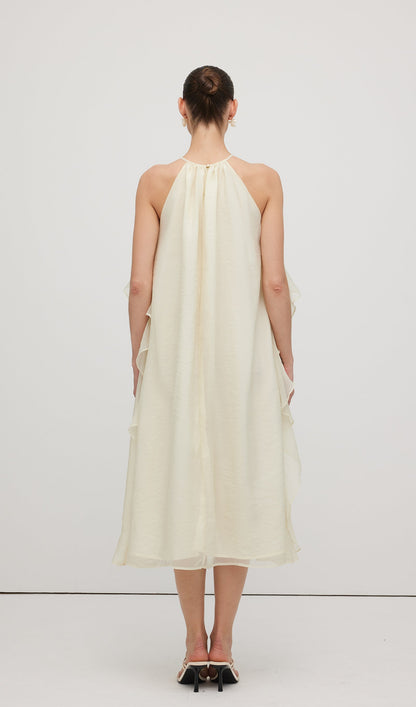Halterneck Rose Detail Ruffle Midi Dress